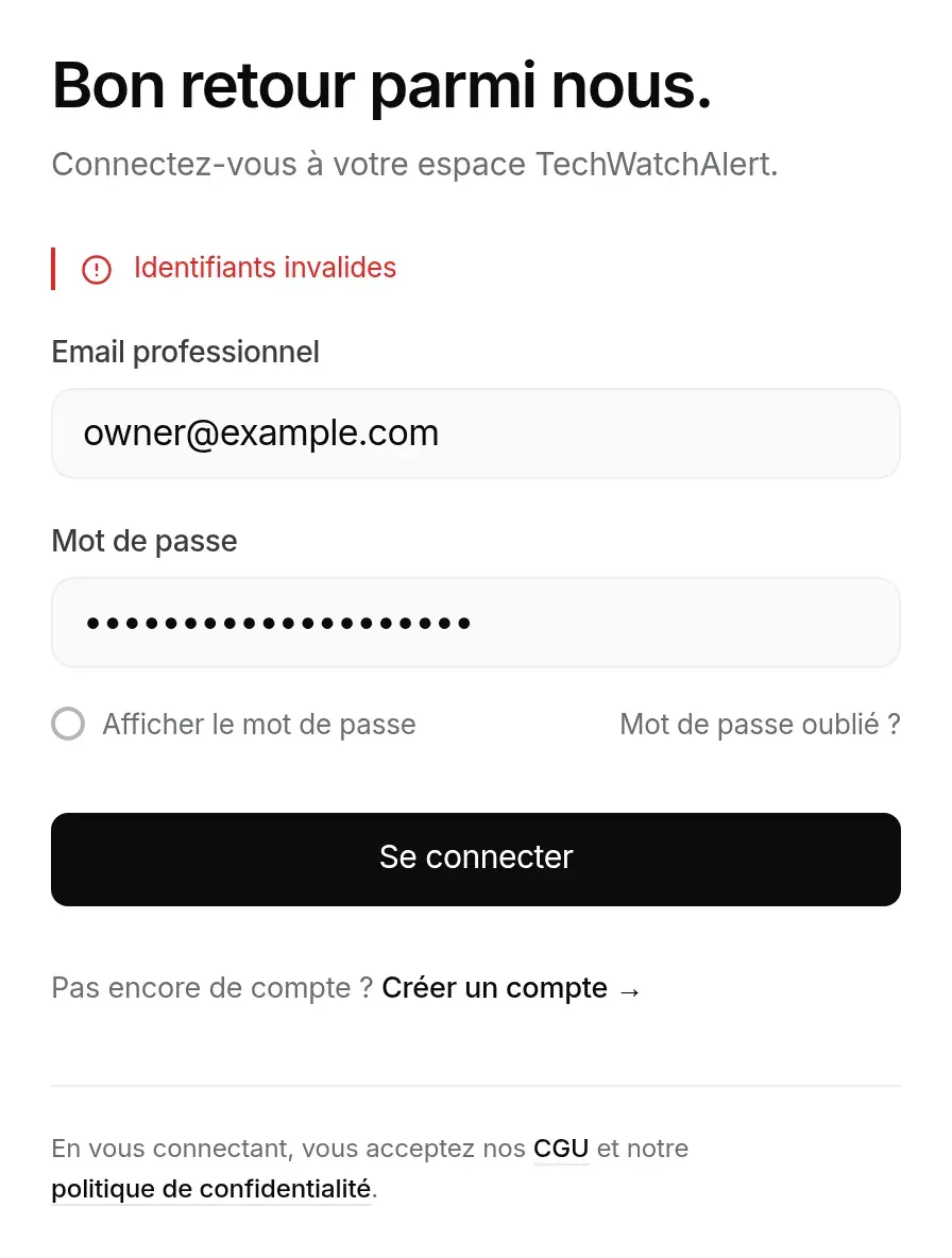 Connexion refusée : « Identifiants invalides »
