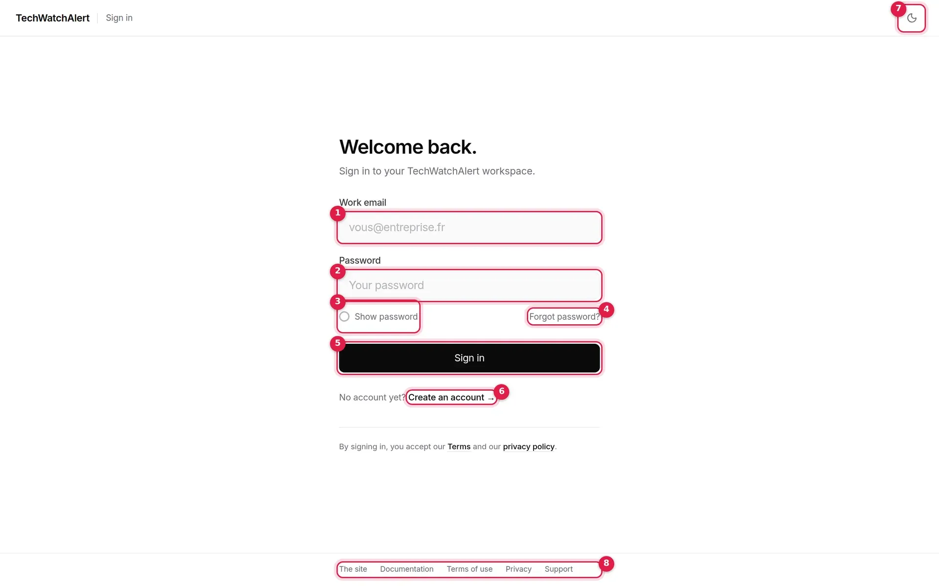 The sign-in screen, its fields and links