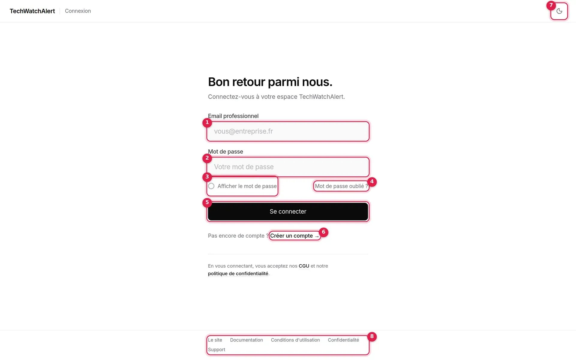 Écran de connexion, ses champs et ses liens
