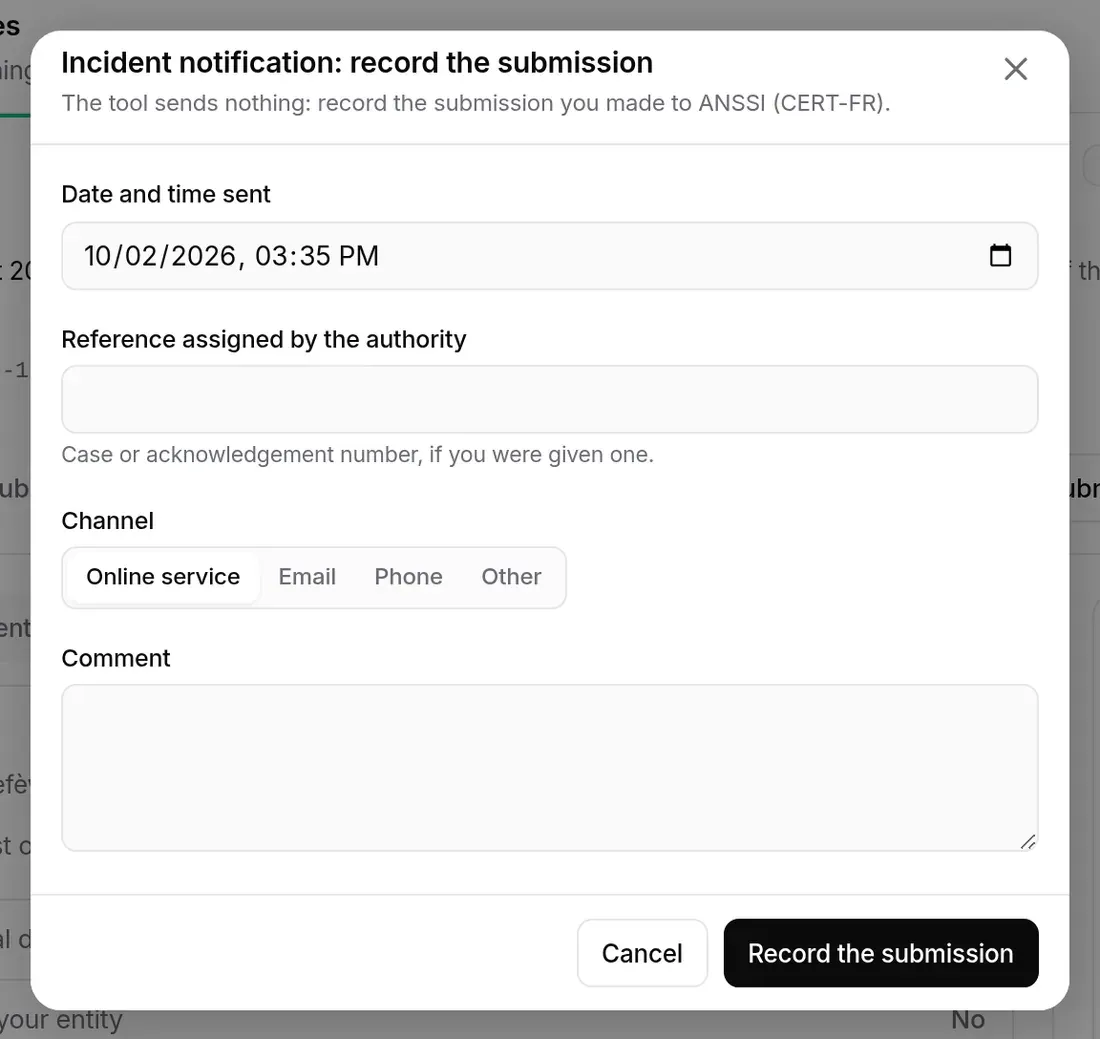 “Incident notification: record the submission” window