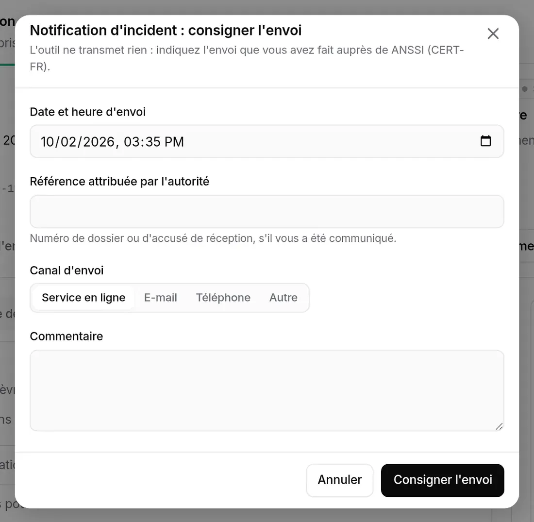 Fenêtre « Notification d’incident : consigner l’envoi »