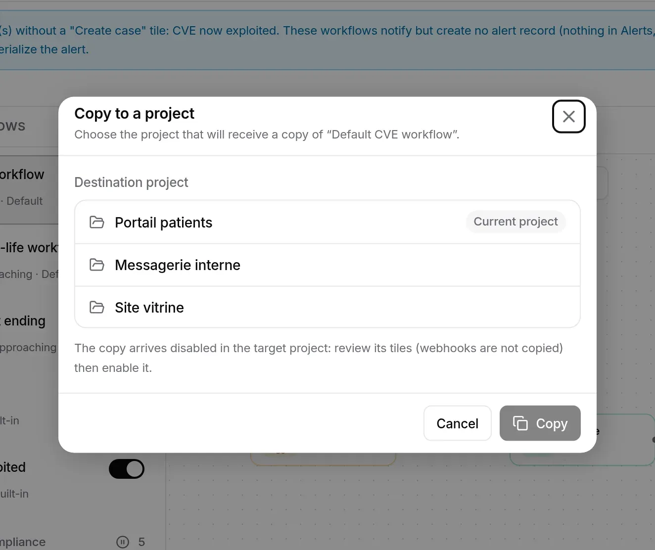Copy to a project window
