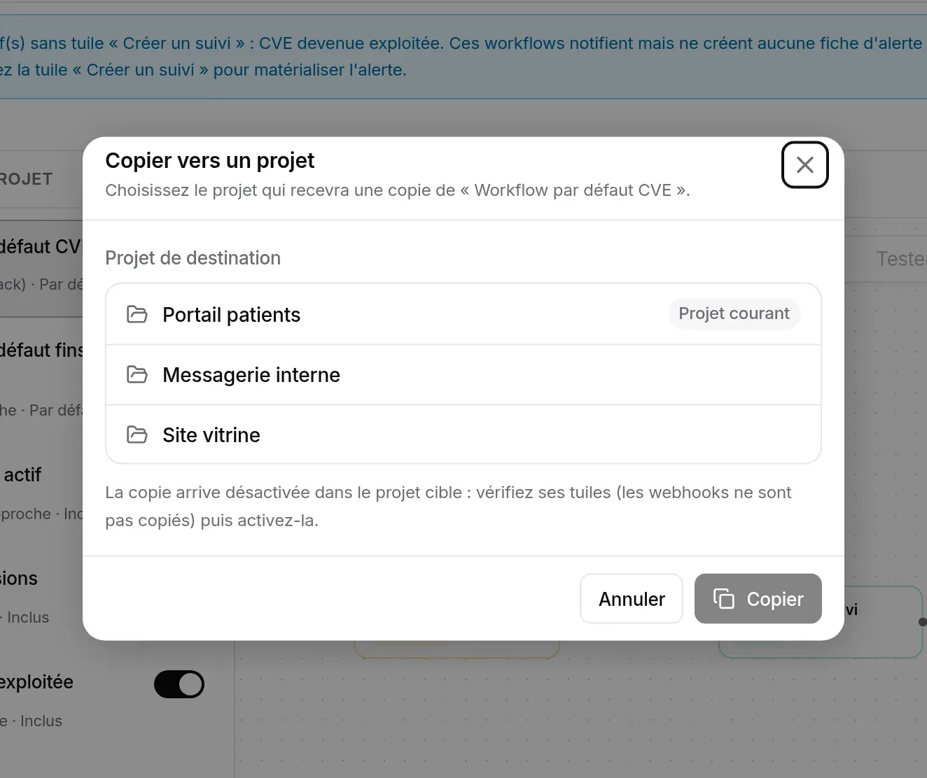 Fenêtre Copier vers un projet
