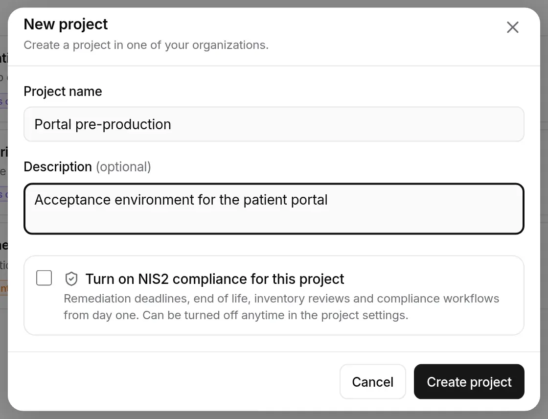 New project window opened from the Nova Santé settings