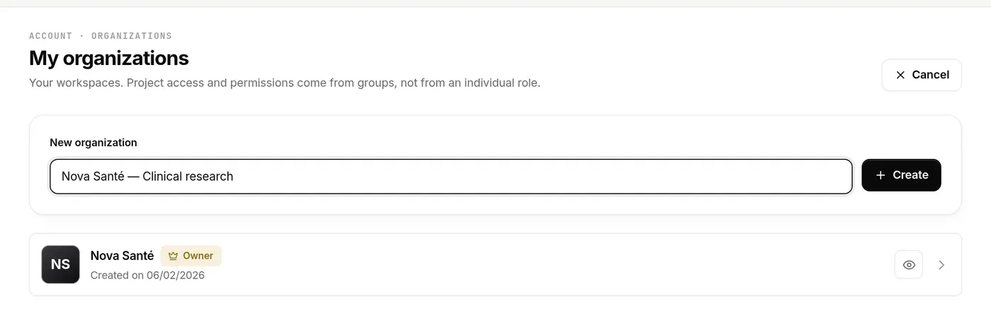 New organization form open, name entered, Create button