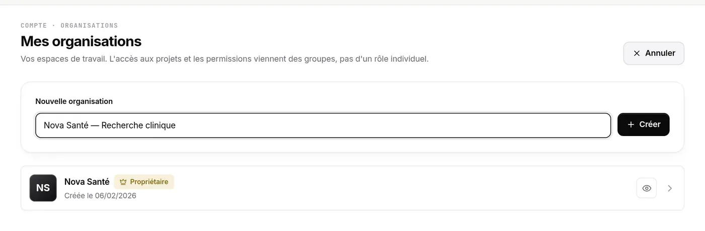 Formulaire Nouvelle organisation ouvert, nom saisi, bouton Créer