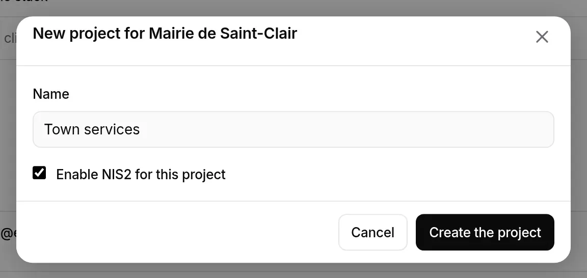 New project window for Mairie de Saint-Clair, NIS2 box ticked