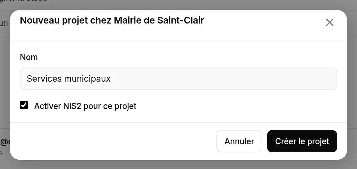 Fenêtre Nouveau projet chez Mairie de Saint-Clair, case NIS2 cochée