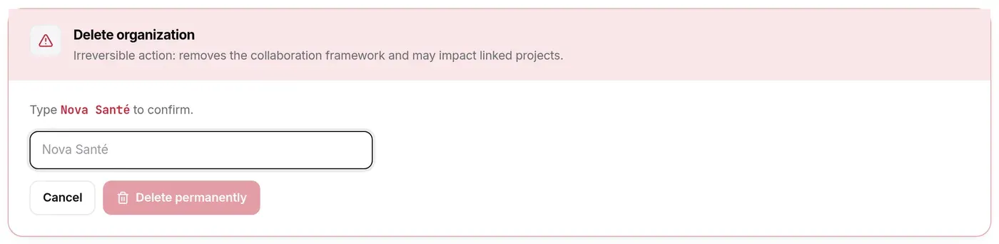 Delete organisation section: deletion steps, conditions and Delete organization button