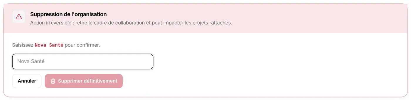Section Supprimer l’organisation : déroulé de la suppression, conditions et bouton Supprimer l’organisation