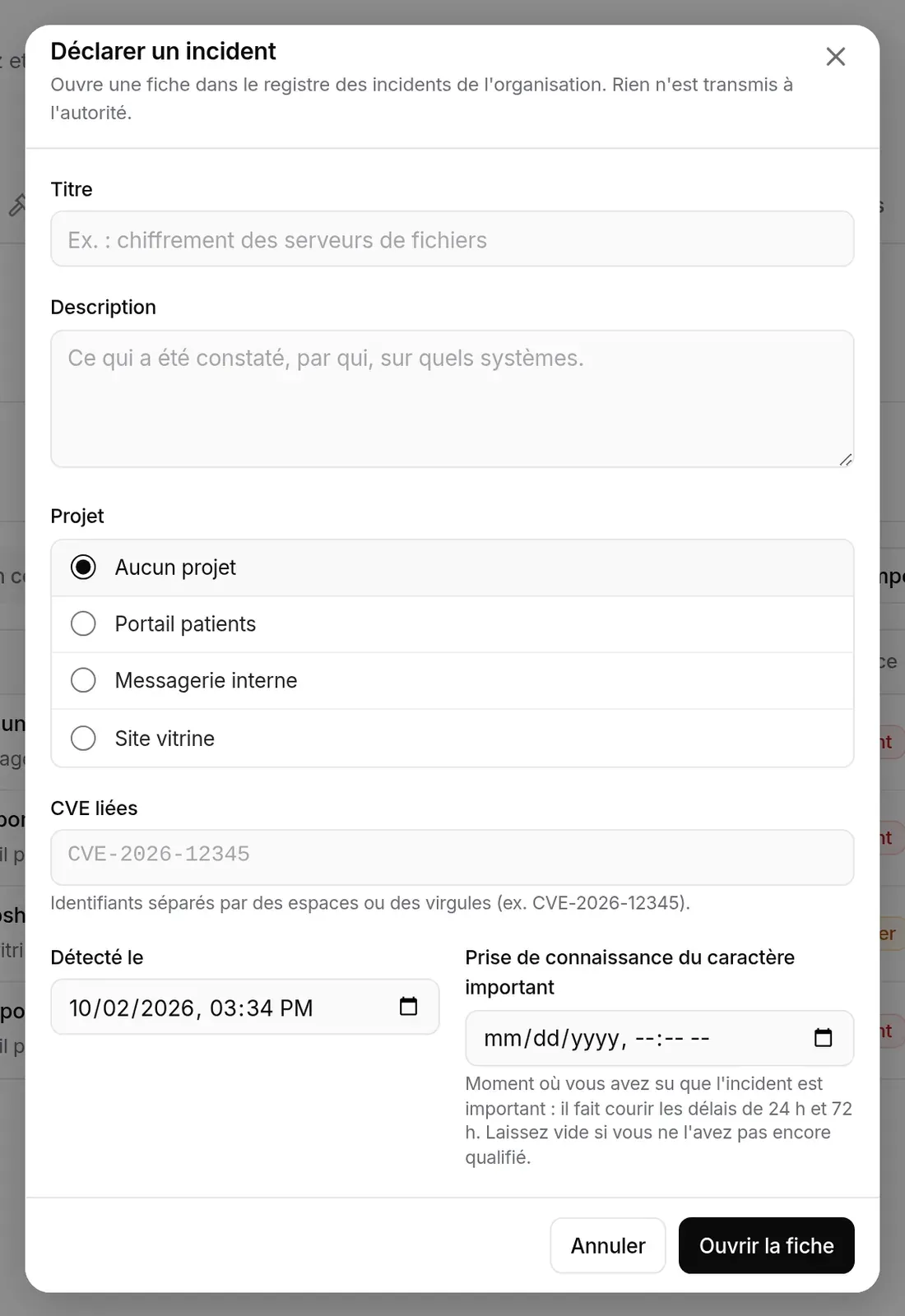 Fenêtre « Déclarer un incident » : titre, description, projet, CVE liées, dates