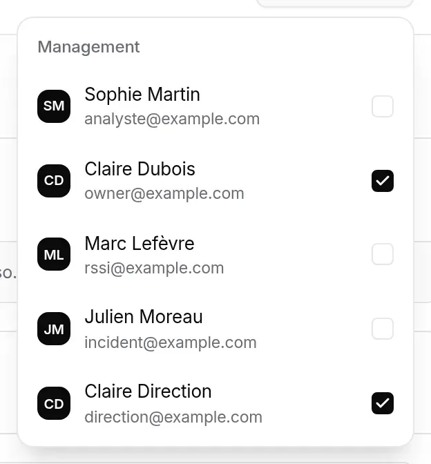 Assign list for management: Claire Dubois and Claire Direction ticked