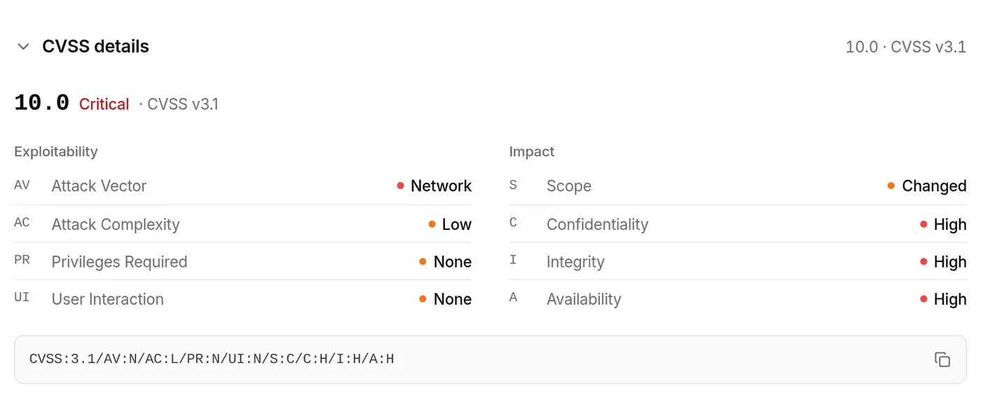 CVSS details expanded: 10.0 Critical, exploitability and impact metrics, CVSS.1 vector