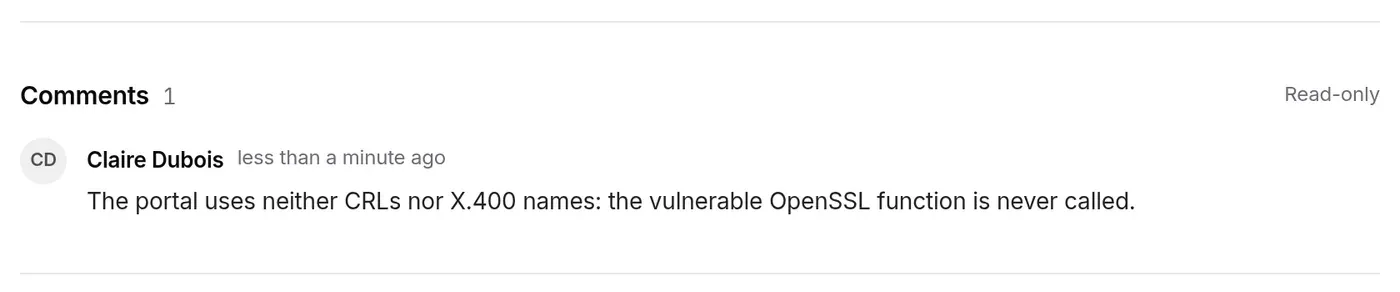 Closed case: comment from Claire Dubois carrying the reason, thread Read only