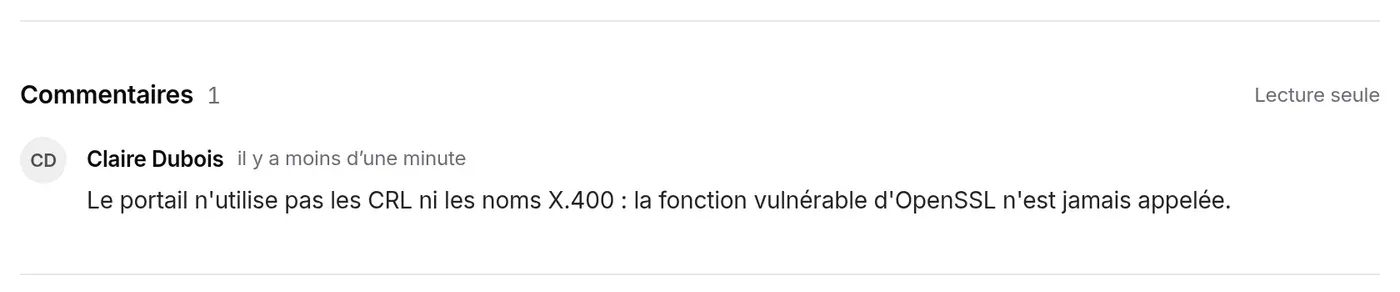 Dossier classé : commentaire de Claire Dubois portant le motif, fil en Lecture seule