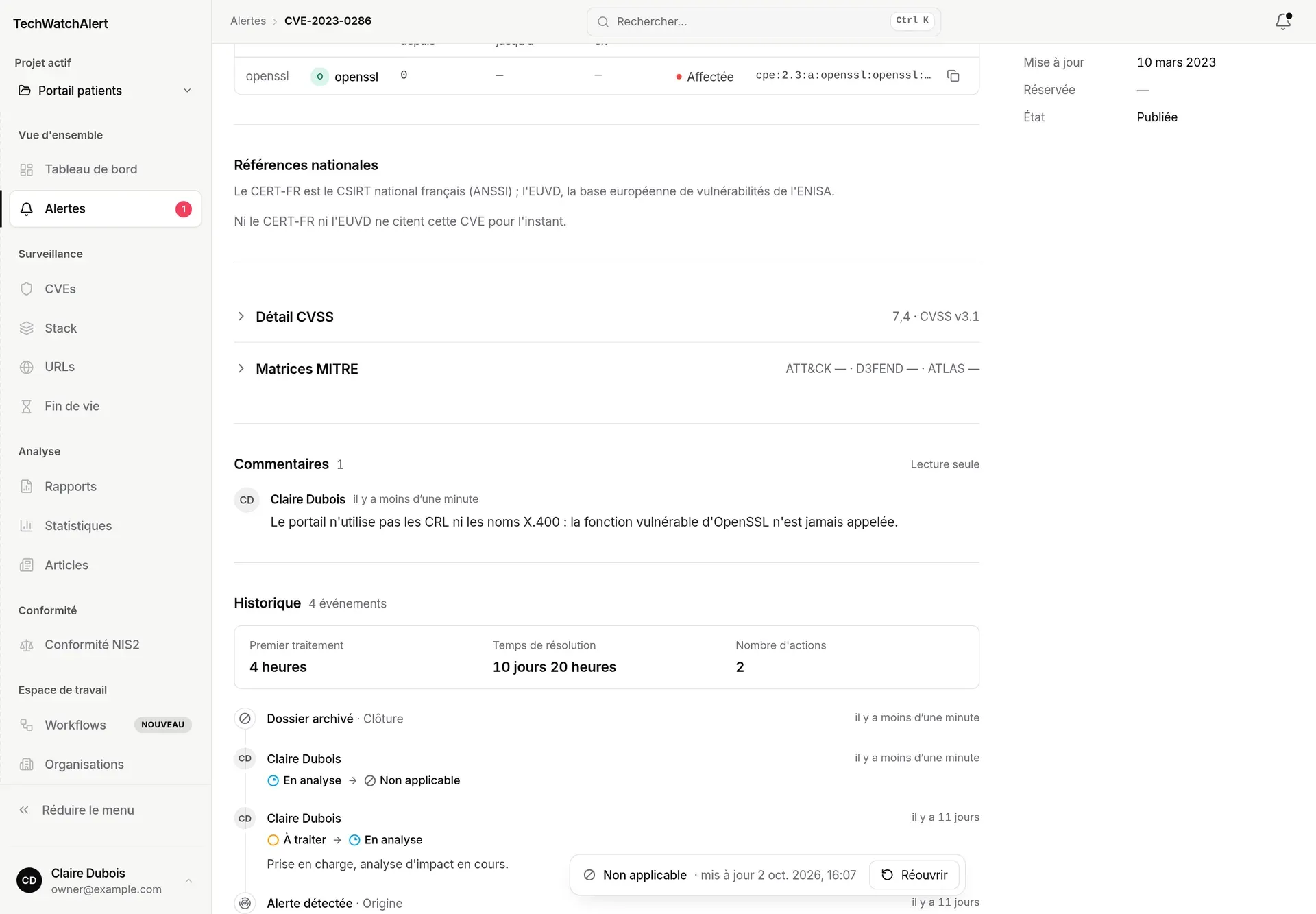 Fiche d’un dossier classé Non applicable : commentaires en lecture seule, historique, barre réduite à Réouvrir