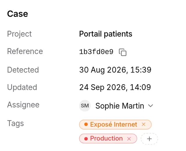 Case section: project Portail patients, reference 1b3fd0e9, detected on 30 Aug 2026, updated on 24 Sep 2026, assigned to Sophie Martin, tags Exposé Internet and Production
