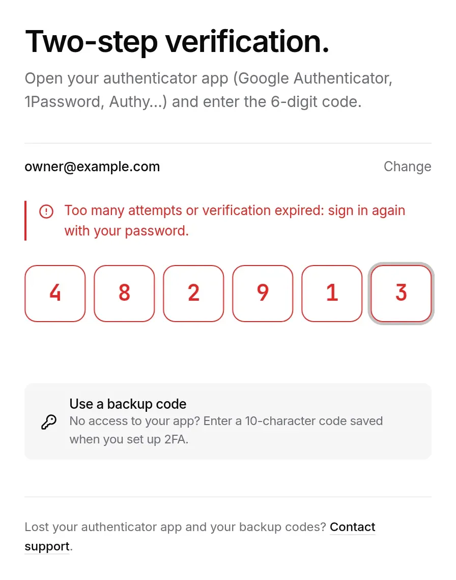 Too many attempts or verification expired: back to sign-in