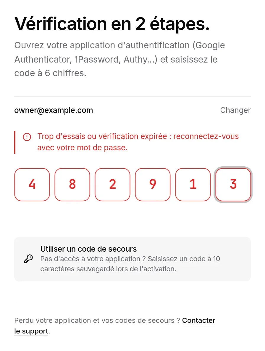 Trop d’essais ou vérification expirée : retour à la connexion