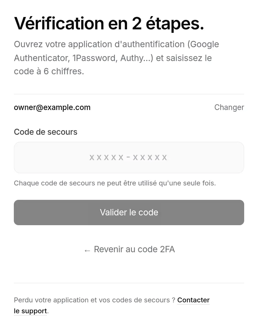 Saisie d’un code de secours