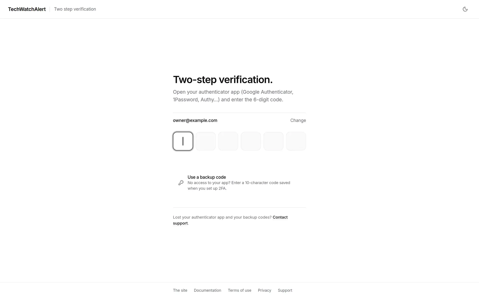 The two-step verification screen