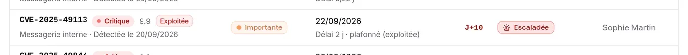 Ligne d’échéance : CVE-2025-49113 critique et exploitée, actif important, délai 2 j plafonné, dépassée