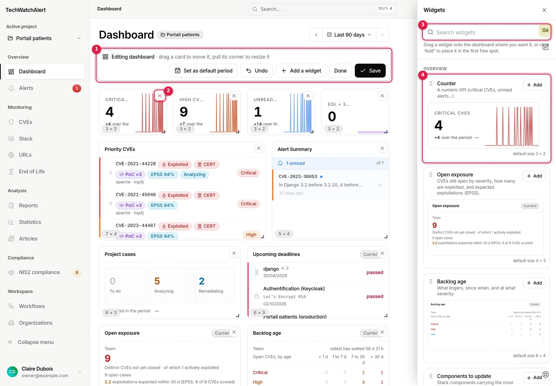 Edit dashboard mode, Widgets panel open