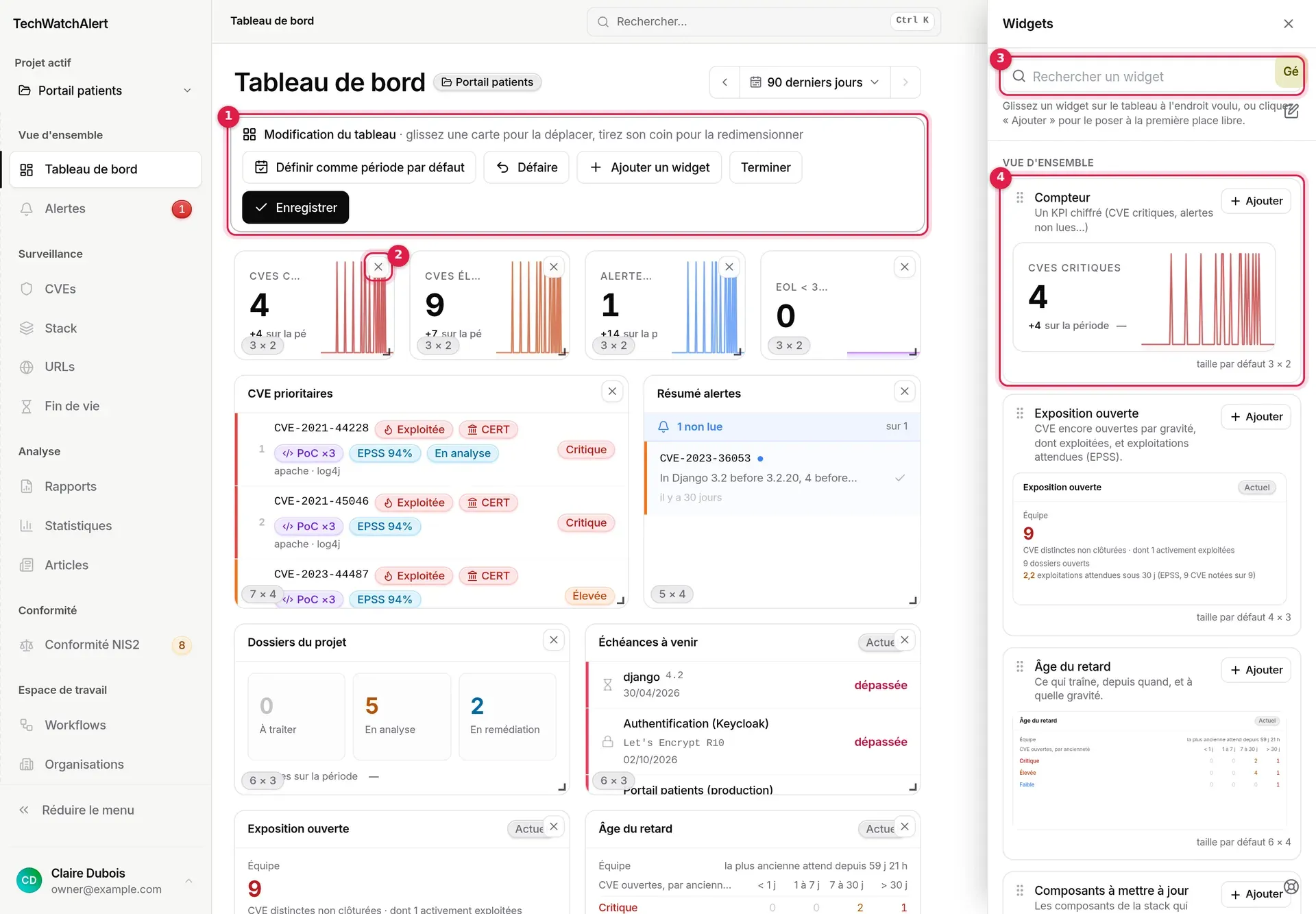 Mode Modifier le tableau, panneau Widgets ouvert