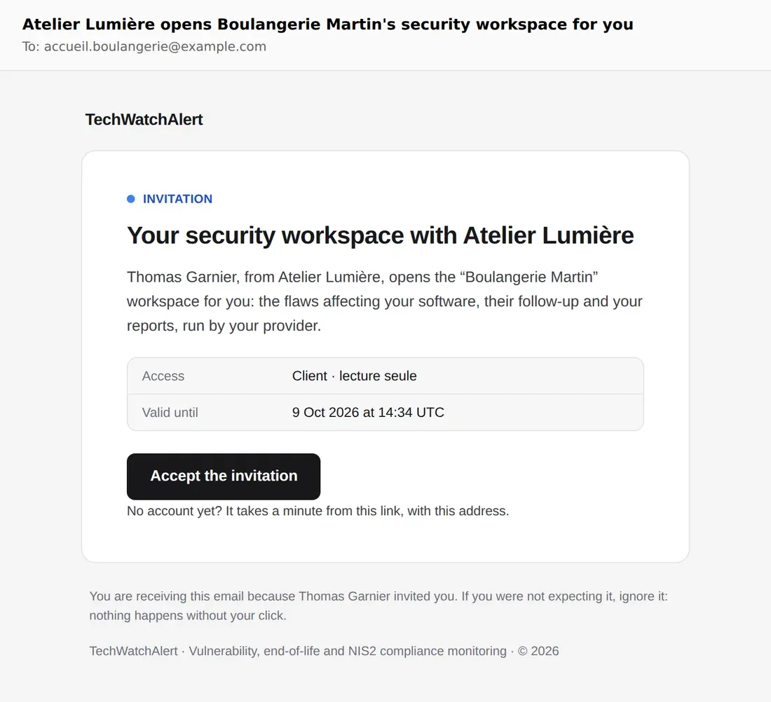 Invitation email received by a Boulangerie Martin contact