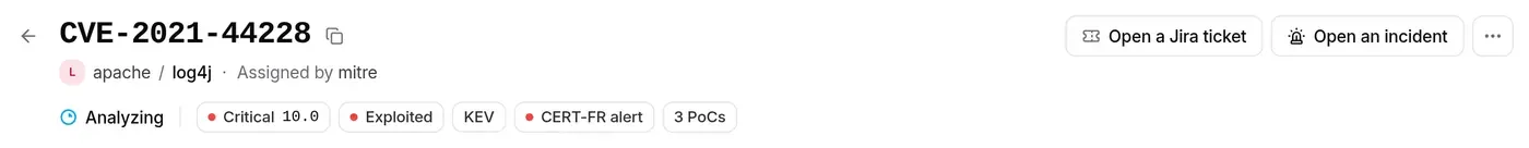 Header: CVE-2021-44228, apache / log4j, Assigned by mitre, Analyzing, Critical 10.0, Exploited, KEV, CERT-FR alert, 3 PoCs
