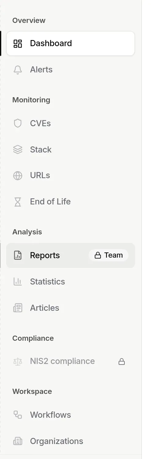 Free plan: “Reports” and “NIS2 compliance” locked, hovering over “Reports”