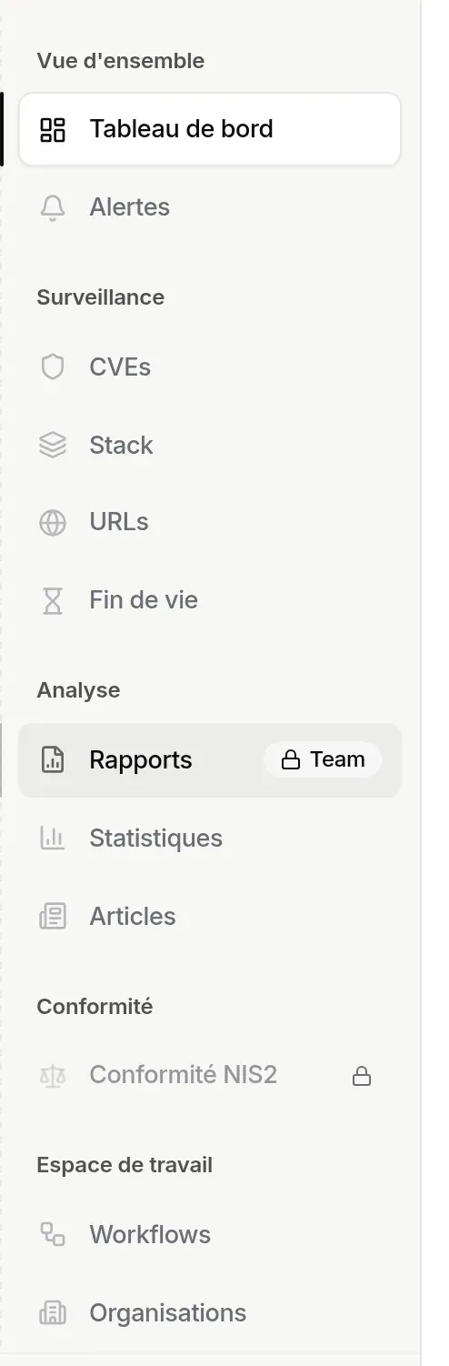 Plan gratuit : « Rapports » et « Conformité NIS2 » verrouillés, survol de « Rapports »