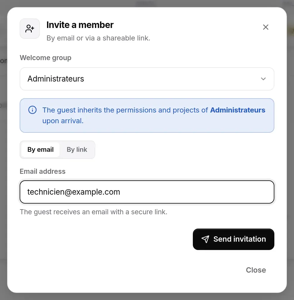 Invite a member window, Administrateurs welcome group
