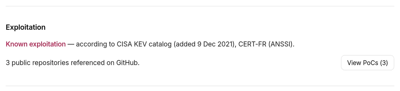 Exploitation section: known exploitation according to the CISA KEV catalog and CERT-FR, 3 public repositories referenced on GitHub, View PoCs (3) button