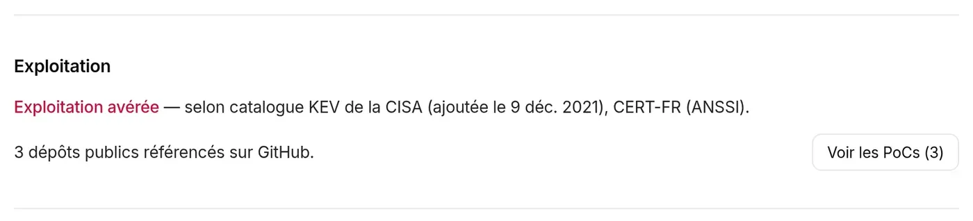 Section Exploitation : exploitation avérée selon le catalogue KEV de la CISA et le CERT-FR, 3 dépôts publics référencés sur GitHub, bouton Voir les PoCs (3)