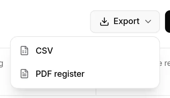 Export menu: CSV and PDF register