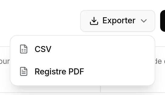 Menu Exporter : CSV et Registre PDF