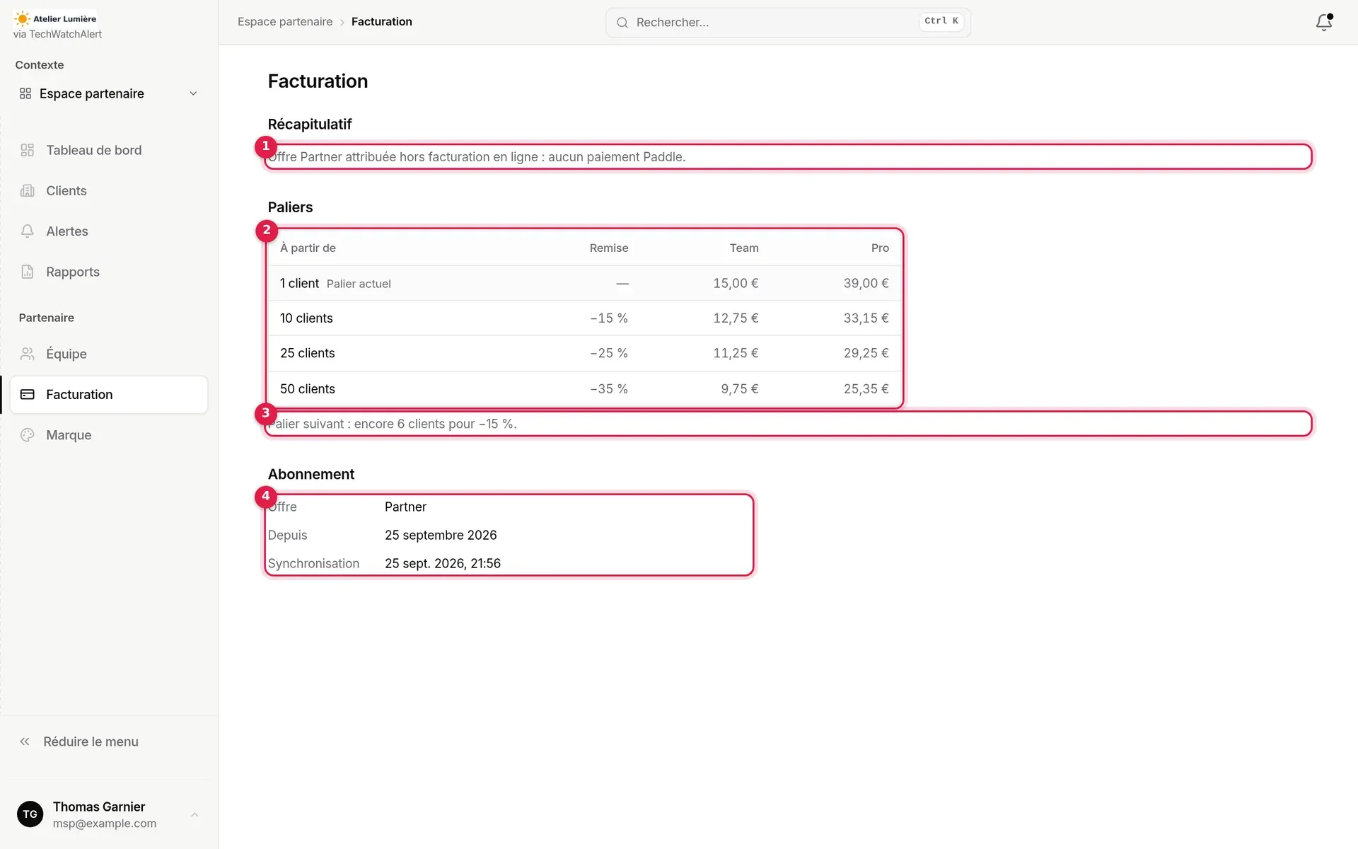 Facturation d’une offre activée hors facturation en ligne, avec ses repères