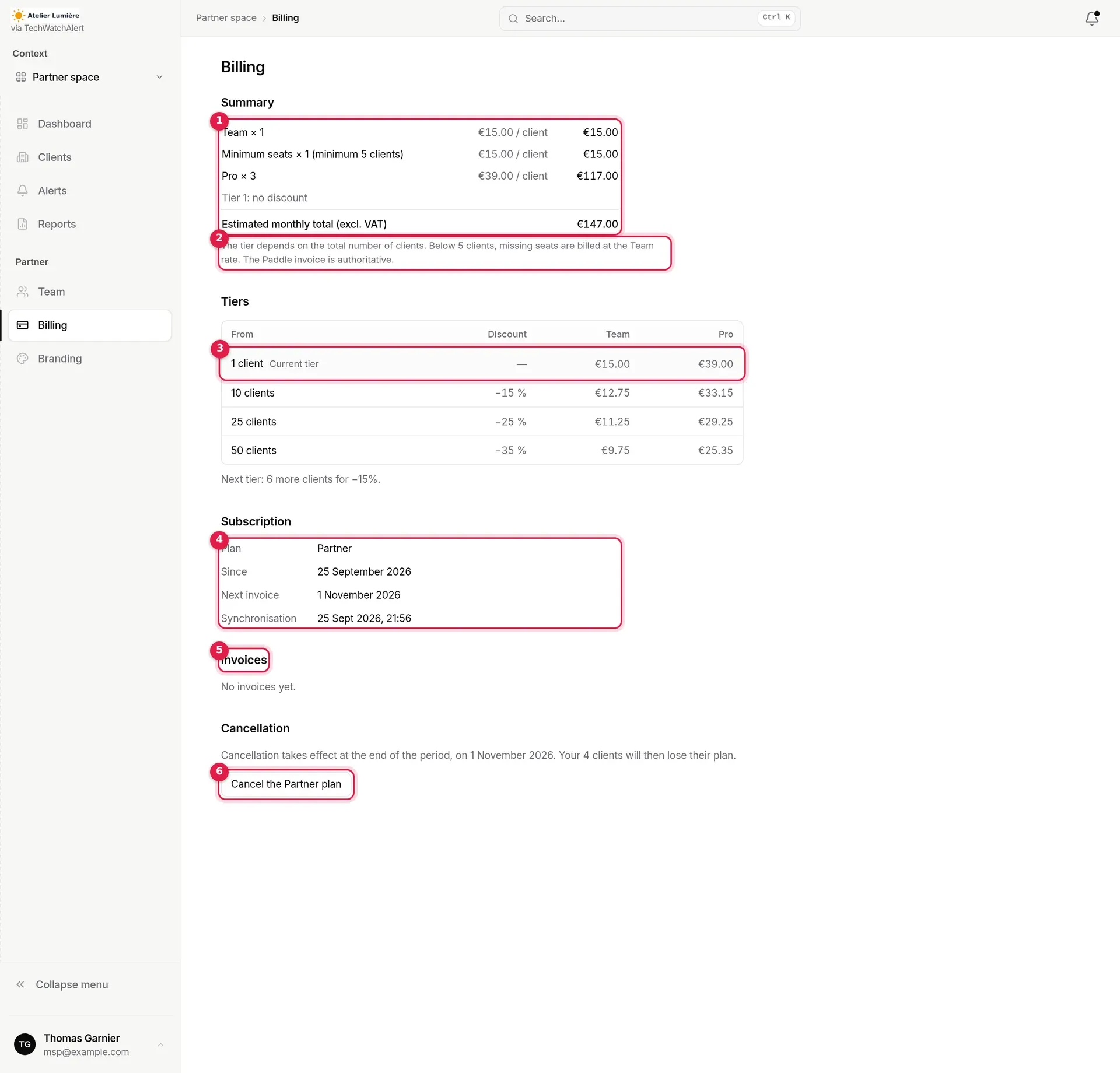 Billing for a Partner plan paid online, with its markers