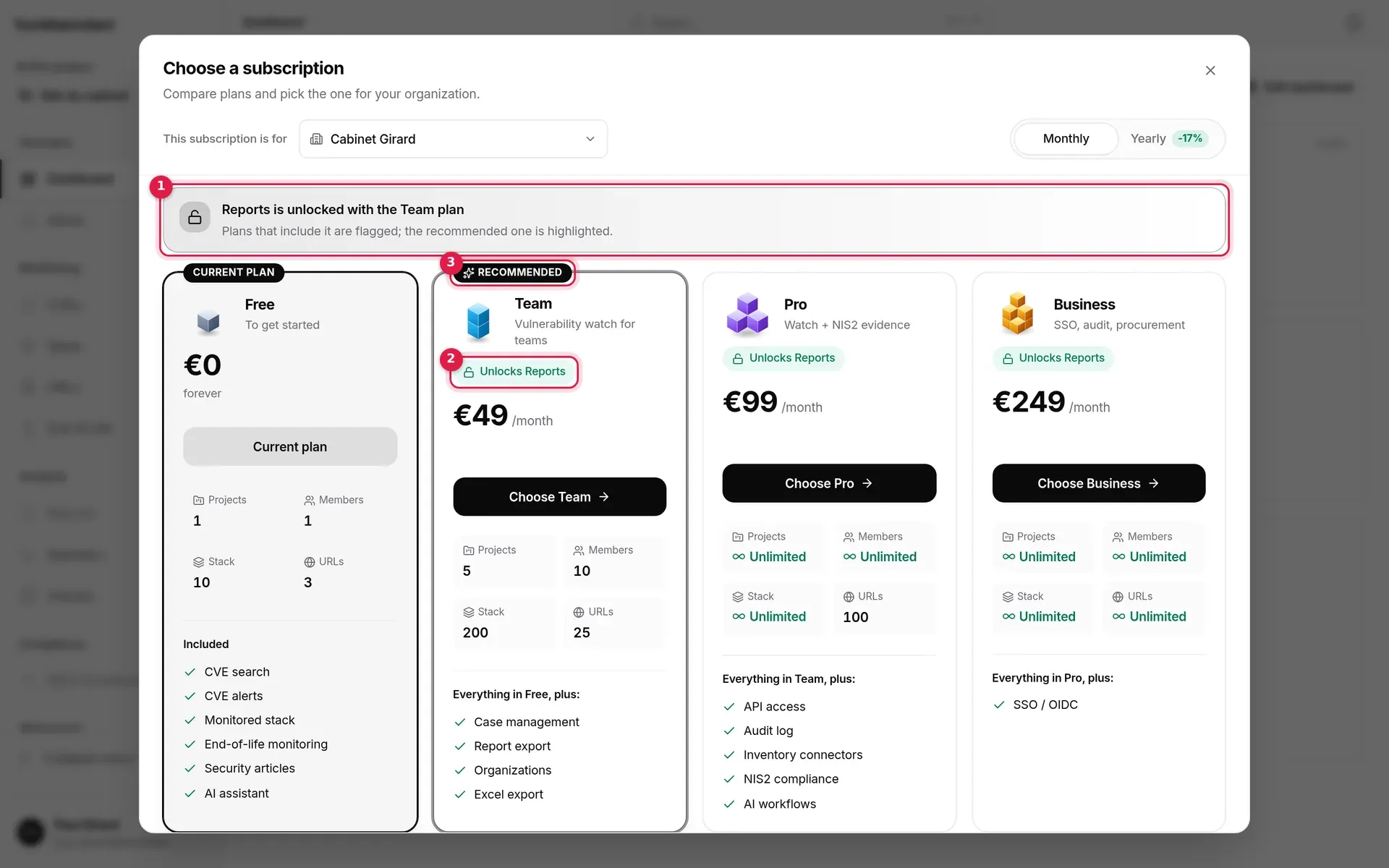 Window opened from Reports: banner “Reports is unlocked with the Team plan”, recommended Team card, Unlocks Reports badges