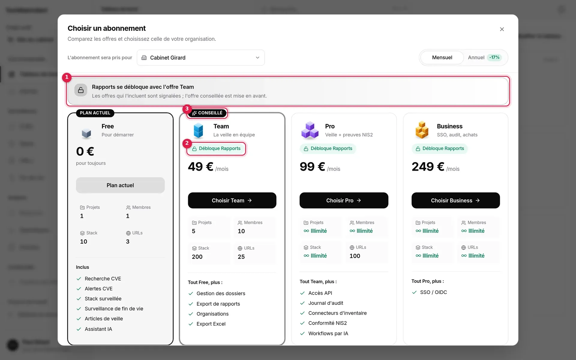Fenêtre ouverte depuis Rapports : bandeau « Rapports se débloque avec l’offre Team », carte Team conseillée, pastilles Débloque Rapports