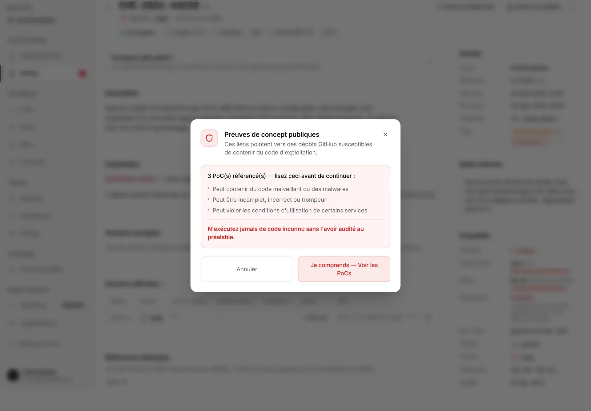 Avertissement avant l’affichage des preuves de concept publiques