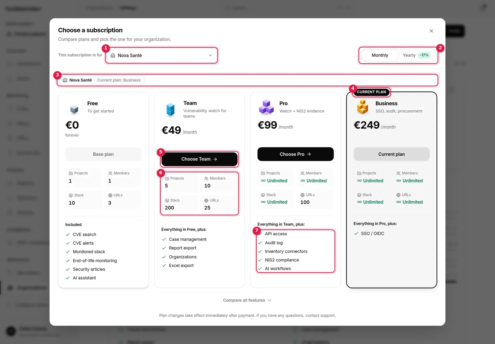 Choose a subscription window for Nova Santé, on the Business plan