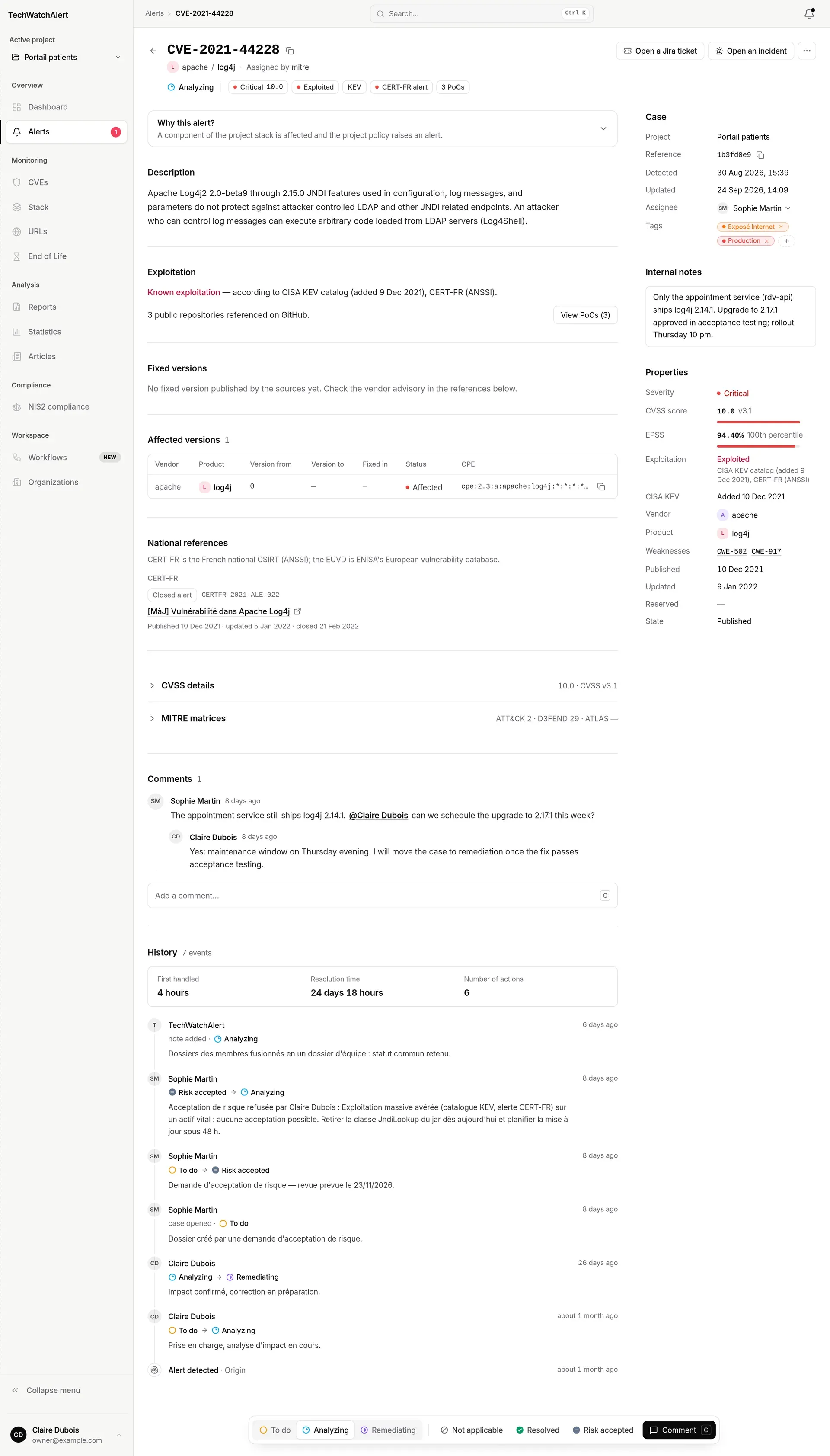 The whole record: main column down to the history, side column with Case, Internal notes and Properties, tracking bar at the bottom