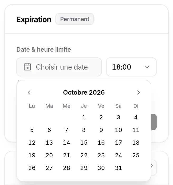 Carte Expiration, calendrier ouvert sur septembre 2026 sous le champ Choisir une date, heure 18