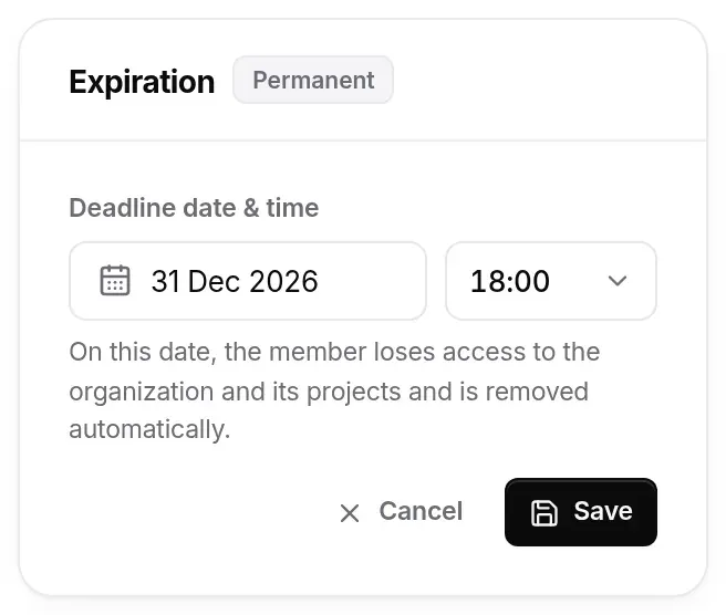 Expiration card in edit mode: 31 Dec 2026, 18, reminder of what the deadline does, Cancel and Save buttons