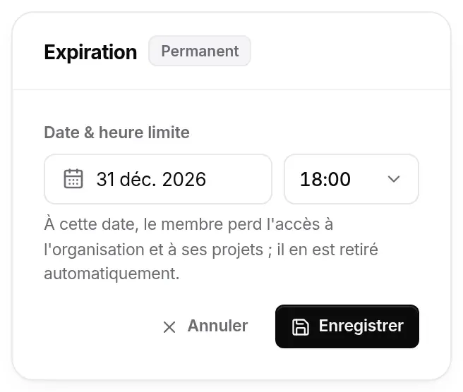Carte Expiration en édition : 31 déc. 2026, 18, rappel de l’effet de l’échéance, boutons Annuler et Enregistrer