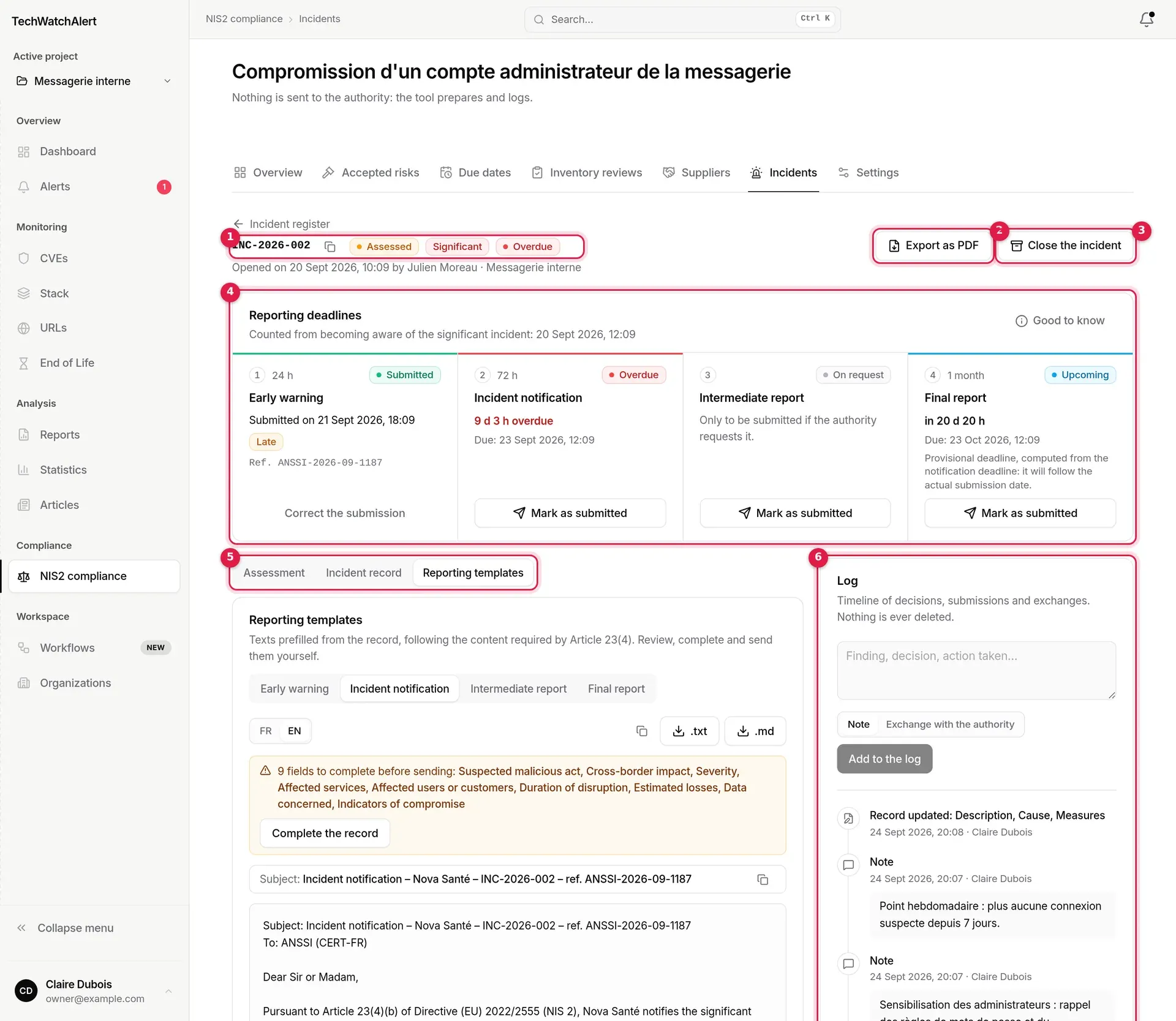 INC-2026-002 incident page: header, reporting deadlines, tabs, log