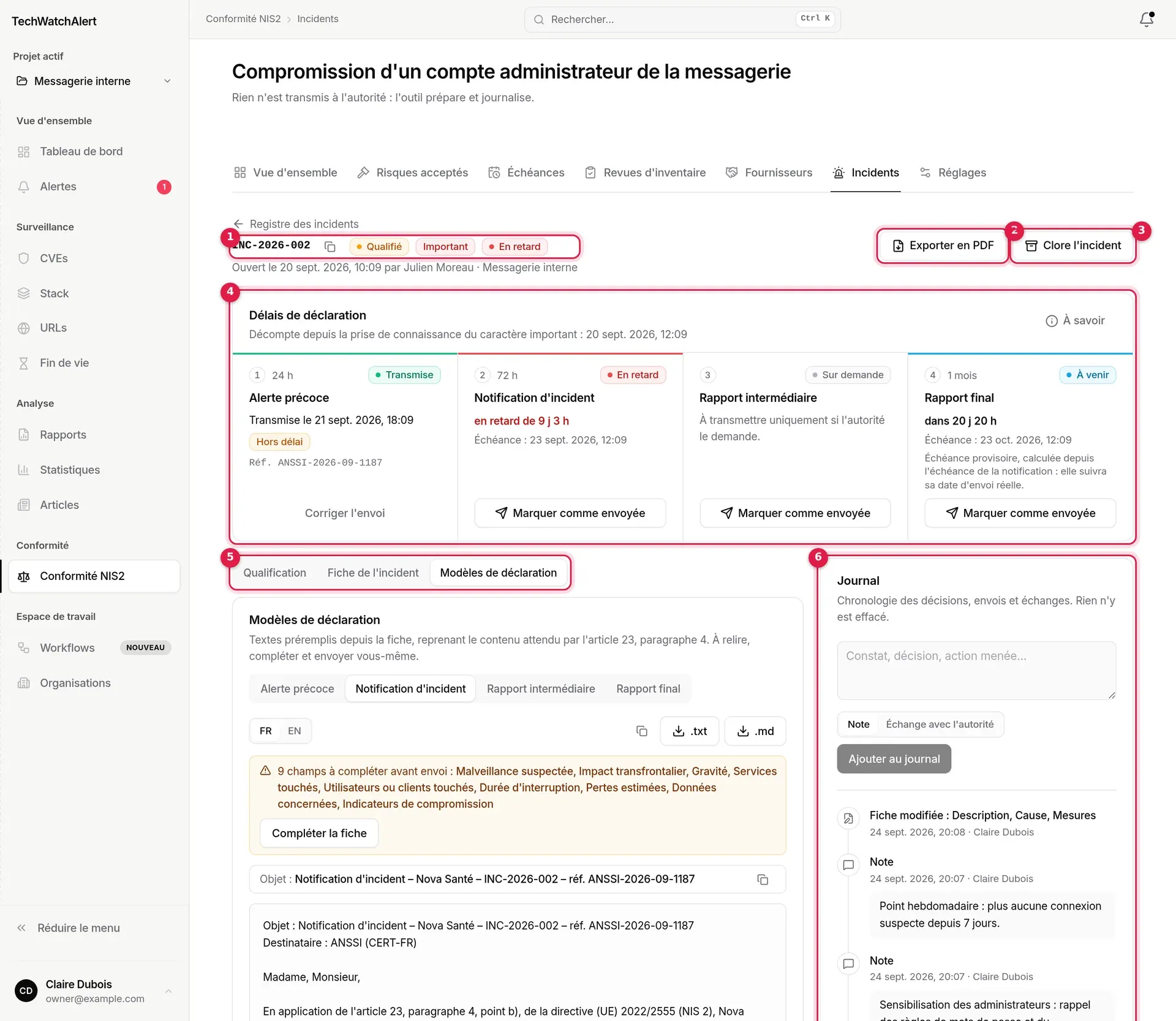 Fiche de l’incident INC-2026-002 : en-tête, délais de déclaration, onglets, journal