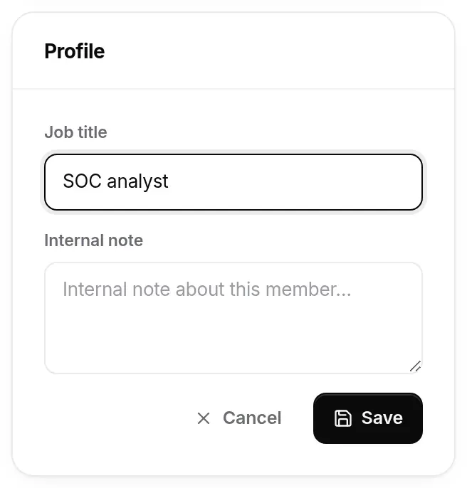 Profile card in edit mode: job title and internal note